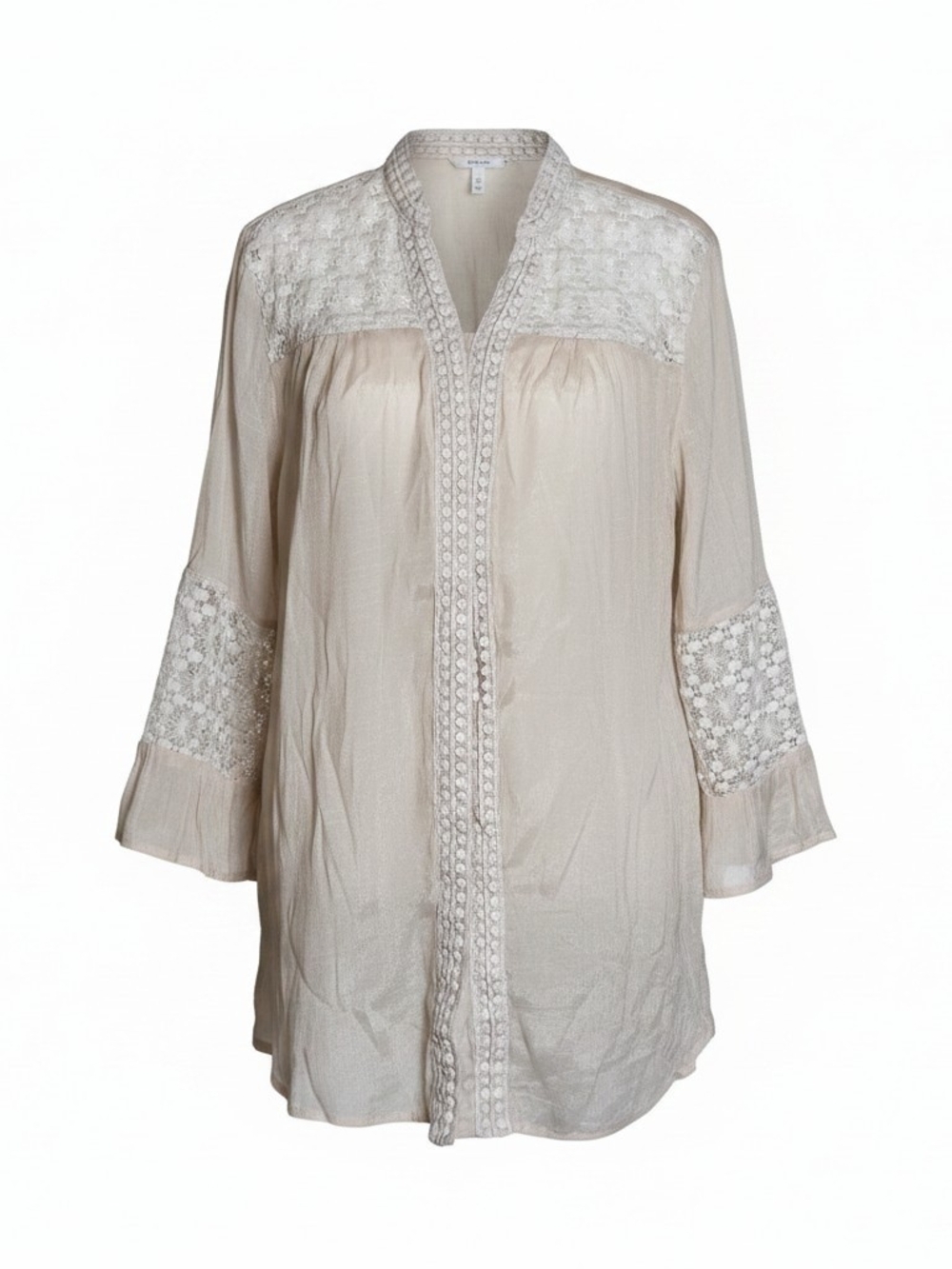 Multiples Womens L Boho Lace-Trim Tunic Top - Cream